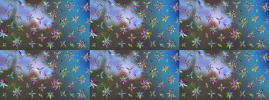 Mavi ve gri renkli küçük çiçekler ve mavi ve gri renkli komik böcekler, raster deseni, illüstrasyon.