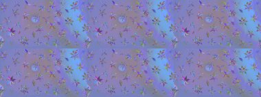 Elle boyanmış suluboya resim çizimleri, çiçekler ve bitkiler. Mor ve mavi renkte çiçekler.