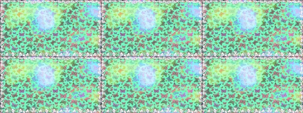 Kart, baskı ve davetiye için basit şirin bir desen. Giysi tasarımı için mavi arka planda geleneksel Raster halk çiçekleri dekoru. Nakış trendi. Egzotik kelebeklerle süslenmiş çiçeksiz desen..