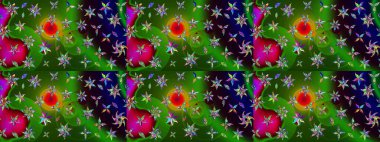 Ağaç dallı bahar çiçekleri ile desen, çiçek silueti ile yeşil ve siyah renkler. Raster deseni.