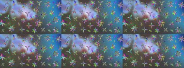 Mavi ve gri renkli küçük çiçekler ve mavi ve gri renkli komik böcekler, raster deseni, illüstrasyon.