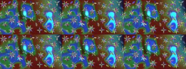 Çiçek süslemeli çizim deseni. Mavi ve yeşil renkli çiçekler. Raster illüstrasyonu.