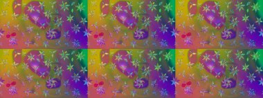 Raster illüstrasyonu. Şirin çiçekli eskiz deseni ve yeşil ve kahverengi renkli yapraklar, suluboya çiçek deseni, duvar kağıdı, kart veya kumaş için fayanslı.