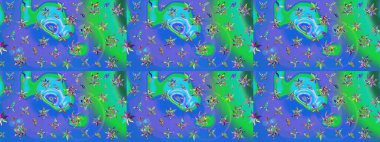 Mavi ve yeşil renkte şirin çiçekler. Moda baskısı, albüm, ambalaj kağıdı ve duvar kağıdı için zarif dekoratif süslemeler. Küçük çiçekli basit bir çiçek çizimi. Raster illüstrasyonu.