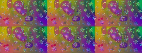 Raster illüstrasyonu. Şirin çiçekli eskiz deseni ve yeşil ve kahverengi renkli yapraklar, suluboya çiçek deseni, duvar kağıdı, kart veya kumaş için fayanslı.