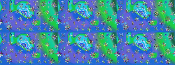 Mavi ve yeşil renkte şirin çiçekler. Moda baskısı, albüm, ambalaj kağıdı ve duvar kağıdı için zarif dekoratif süslemeler. Küçük çiçekli basit bir çiçek çizimi. Raster illüstrasyonu.