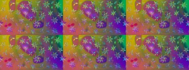 Raster illüstrasyonu. Şirin çiçekli eskiz deseni ve yeşil ve kahverengi renkli yapraklar, suluboya çiçek deseni, duvar kağıdı, kart veya kumaş için fayanslı.