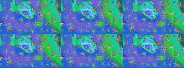 Mavi ve yeşil renkte şirin çiçekler. Moda baskısı, albüm, ambalaj kağıdı ve duvar kağıdı için zarif dekoratif süslemeler. Küçük çiçekli basit bir çiçek çizimi. Raster illüstrasyonu.