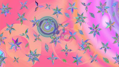 Patlayan çiçekler soyut olarak yerleştirilmiş. Raster illüstrasyonu. Pembe ve nötr renklerde bahar çiçekleri. Raster deseni.