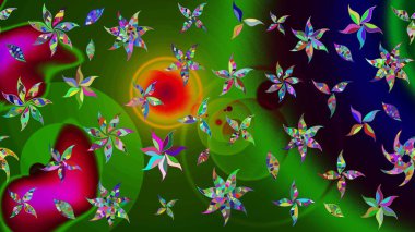 Elle çizilmiş çiçek desenli Raster çizimi. Tekstil, kumaş, ambalaj, hatıra defteri için hoş bir çiçek arkaplanı. Yeşil ve siyah arka planda. Çocuksu tasarım.
