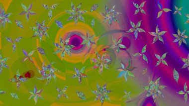 Varicologreen ve mor raster çizimi. Küçük çiçekteki sevimli çiçek deseni. Birçok yeşil ve mor soyut çiçekli tropikal çizim deseni.