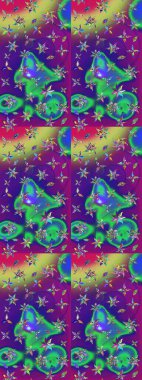 Raster illüstrasyonu. Şirin çiçekli eskiz deseni ve mor ve yeşil renkli yapraklar, suluboya çiçek deseni, duvar kağıdı, kart veya kumaş için fayanslı.