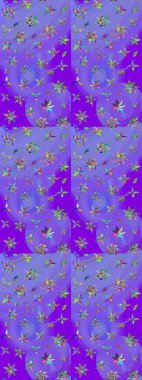 Raster illüstrasyonu. Güzel kumaş deseni. Raster illüstrasyonundaki çiçek desenli çizim. Mor ve yeşil renkler üzerinde.