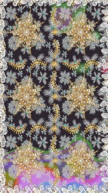 Kına dövmeli süs çiçekleri, altın çıkartmalar, mehndi ve yoga tasarımı, kartlar ve parmak izleri. Gri renkli desen. Raster altın mehndi kusursuz desen.