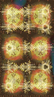 Modern tasarım posteri, kapak, kahverengi, nötr ve sarı renkli kart tasarımı. Son moda kar taneleri ve elementler onun kartlarını gösteriyor. Retro stil dokusu, şablon kış elementleri. Kar taneleri tasarımı.