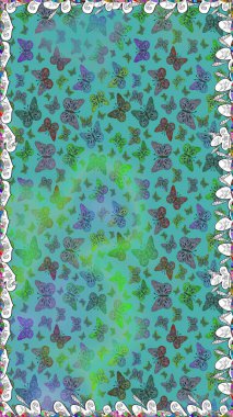 Kağıt, kumaş ve ambalaj için uygun. Kusursuz. Kart, baskı ve davetiye için basit kadınsı bir model. Raster illüstrasyonu. Mavi arkaplanda renkli kelebek koleksiyonu.