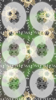 Yüzey için tekrarlanan doku, ambalaj kağıdı, gri, nötr ve yeşil renkler. Raster illüstrasyonu. Kış kar tanesi, raster arka plan. Renkli arka planda izole edilmiş güzel kar taneleri.