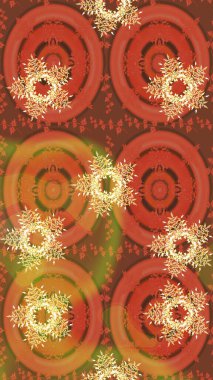 Bokeh portakalı, kahverengi, pembe ve kar taneleriyle dekoratif Noel arkaplanı. Raster illüstrasyonu.