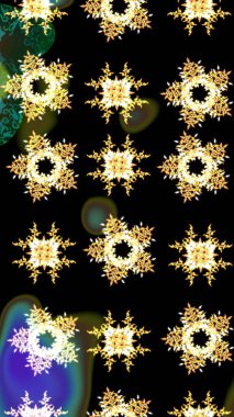 Raster illüstrasyonu. Kar tanelerinin soyut arkaplanlı Noel şablonu. Siyah, sarı ve kahverengi kar taneleri. Noel ve Yeni Yıl moda baskıları için tatil tasarımı.