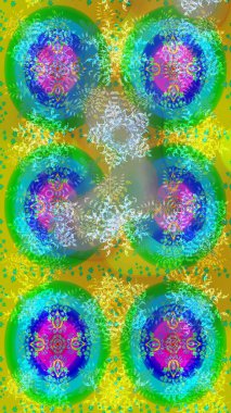 Kar taneli yeşil, mavi ve sarı renkler. Renkli arka planda izole tatlı kar taneleri. Raster illüstrasyonu.