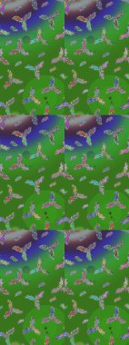 Kar tanelerinin soyut arkaplanlı Noel şablonu. Raster illüstrasyonu. Noel ve yeni yıl moda baskıları için tatil tasarımı. Yeşil, mavi ve mor kar taneleri.