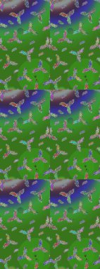 Kar tanelerinin soyut arkaplanlı Noel şablonu. Raster illüstrasyonu. Noel ve yeni yıl moda baskıları için tatil tasarımı. Yeşil, mavi ve mor kar taneleri.