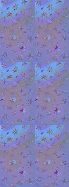 Asya tekstil tarzında. Düz Çiçek Elementleri Tasarımı. Mor ve mavi renkte çiçekler. Renkli Bahar Teması eskiz kalıbı. Raster illüstrasyonu. Çiçek desenini çiz.