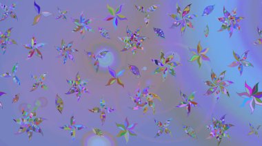 3D çiçekler, eskiz. Raster illüstrasyonu. Mor ve mavi renklerde.