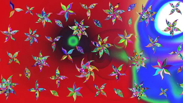 Renkli Bahar Teması eskiz kalıbı. Kırmızı ve mavi renkte çiçekler. Düz Çiçek Elementleri Tasarımı. Çiçekle çizim deseni.