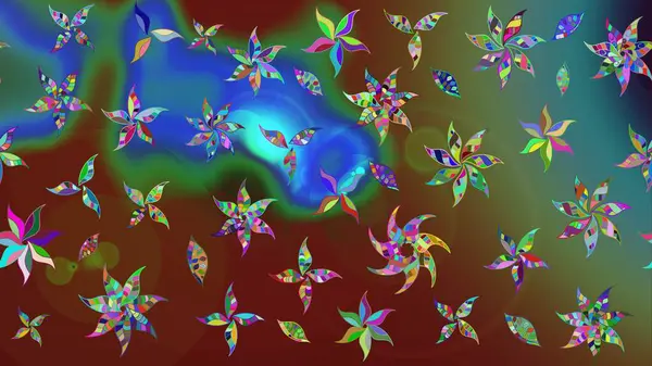 Raster illüstrasyonu. Yeşil ve kahverengi renklerde. 3D çiçekler, çizim.