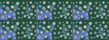 Raster illüstrasyonu. Yeşil ve mavi renklere karalamalar çizilmiş çiçek deseni.