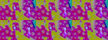 El çizimi çiçekli soyut çizim kalıbı. Mor ve yeşil renkli çiçekler. Raster illüstrasyonu.