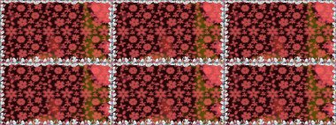 Raster - stok. Yapraklı çiçekler ve kahverengi renkli papatya çiçekleri. Kusursuz arkaplan deseni.