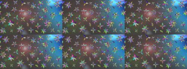 Küçük çiçekteki sevimli çiçek deseni. Bir sürü gri ve mavi soyut çiçekli tropik eskiz deseni. Varicologray ve Blue Raster çizimi.