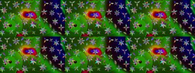 Raster düz çiçek çizim deseni. Hediye ambalaj kağıdı, tebrik kartları, posterler ve pankart tasarımı. Yeşil ve siyah renkte çiçekler.