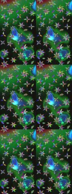 Çok yeşil ve gri zarif küçük çiçekler ve yeşil ve gri renkli komik böcekler, raster desen, illüstrasyon.