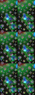 Çok yeşil ve gri zarif küçük çiçekler ve yeşil ve gri renkli komik böcekler, raster desen, illüstrasyon.