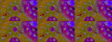 Halk tarzı. Modern çiçek arkaplanı. Moda baskıları için zarif bir şablon. Parlak renkli çiçekleri ve kahverengi ve mor renkli yaprakları olan muhteşem bir çiçek deseni..