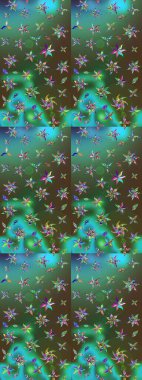 Raster illüstrasyonu. Yeşil ve mavi renklere karalamalar çizilmiş çiçek deseni.