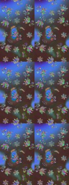 Çiçekler suluboya tarzında kahverengi ve mavi renklerde. Raster illüstrasyonunda çiçek deseni çizimi.