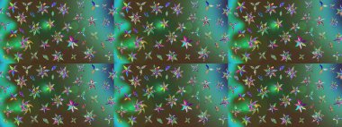 Yeşil ve kahverengi renkli etnik çiçekli zarif eskiz deseni. Asya Tekstil 'inde Raster Çiçek İllüstrasyonu.