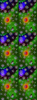 Parlak renkli çiçekleri ve yeşil ve mavi renkli yaprakları olan harika bir çiçek deseni. Modern çiçek arkaplanı. Moda baskıları için zarif bir şablon. Halk stili.