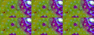 Çiçek desenli eskiz. Yeşil ve mor renkli çiçekler. Renkli Bahar Teması eskiz kalıbı. Düz Çiçek Elementleri Tasarım Raster illüstrasyonu.