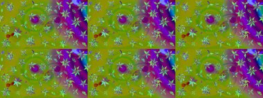 Çiçekli yumuşak bir eskiz şekli. Raster çiçekleri klasik tarzda çizilmiş. Yumuşak, bahar çiçekleri yeşil ve mor renklerde. Raster illüstrasyonu.