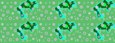 Çiçek süslemeli çizim deseni. Raster illüstrasyonu. Yeşil ve mavi renkte çiçekler.