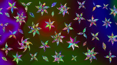 Raster illüstrasyonu. Çiçek desenli çizim. Asya tekstil tarzında. Kahverengi ve yeşil renkli çiçekler. Raster illüstrasyonu.