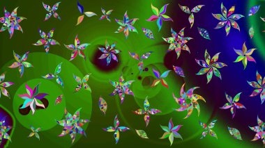 Renkli Bahar Teması eskiz kalıbı. Yeşil ve mavi renkte çiçekler. Düz Çiçek Elementleri Tasarımı. Raster illüstrasyonunda çiçek deseni çizimi.