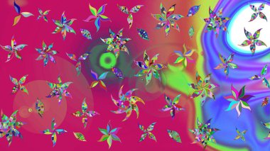 Çok renkli ve pembe küçük çiçekler ve mor ve pembe renkli komik böcekler, raster desen, illüstrasyon..