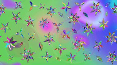 Raster illüstrasyonu. Yeşil ve mor renklerde. Raster deseni. Soyut çiçek çizim kalıbı arka planı. Küçük çiçekte sevimli çiçek deseni var..