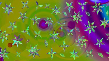 Çiçekli yumuşak bir eskiz şekli. Raster illüstrasyonu. Raster çiçekleri klasik tarzda çizilmiş. Yumuşak, bahar çiçekleri yeşil ve mor renklerde.